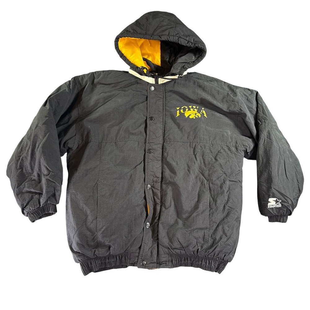 Starter Iowa Hawkeyes Jacket Mens XL Black Gold Vintage Puffer Hooded NCAA 90s